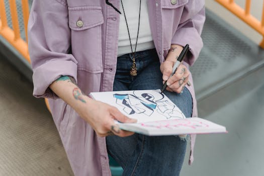 Femme en chemise lilas dessinant des croquis de mode dans un carnet, assise sur un banc coloré.