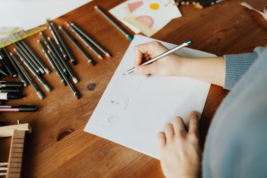 Main dessinant des croquis de mode sur une feuille, entourée de stylos et de matériel de création.