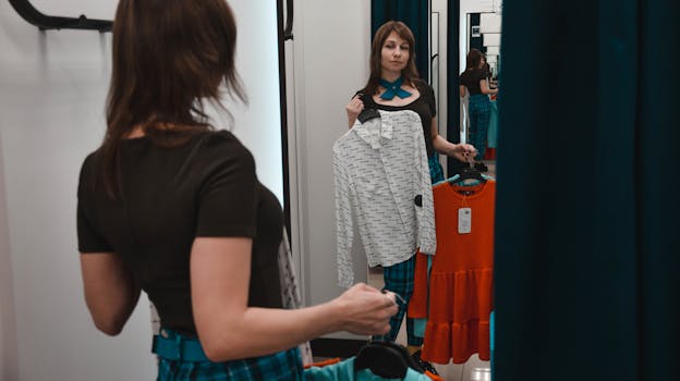 Femme dans un miroir d'essayage tenant une chemise blanche et une robe orange, entourée de vêtements.