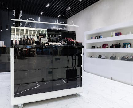 Magasin de cosmétiques moderne avec un comptoir noir et des étagères blanches remplies de produits de beauté.